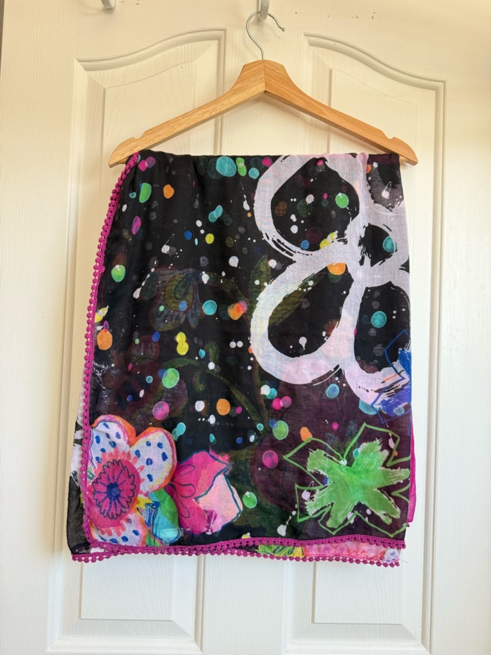 Desigual Multicolor Floral Scarf with Fuchsia Trim